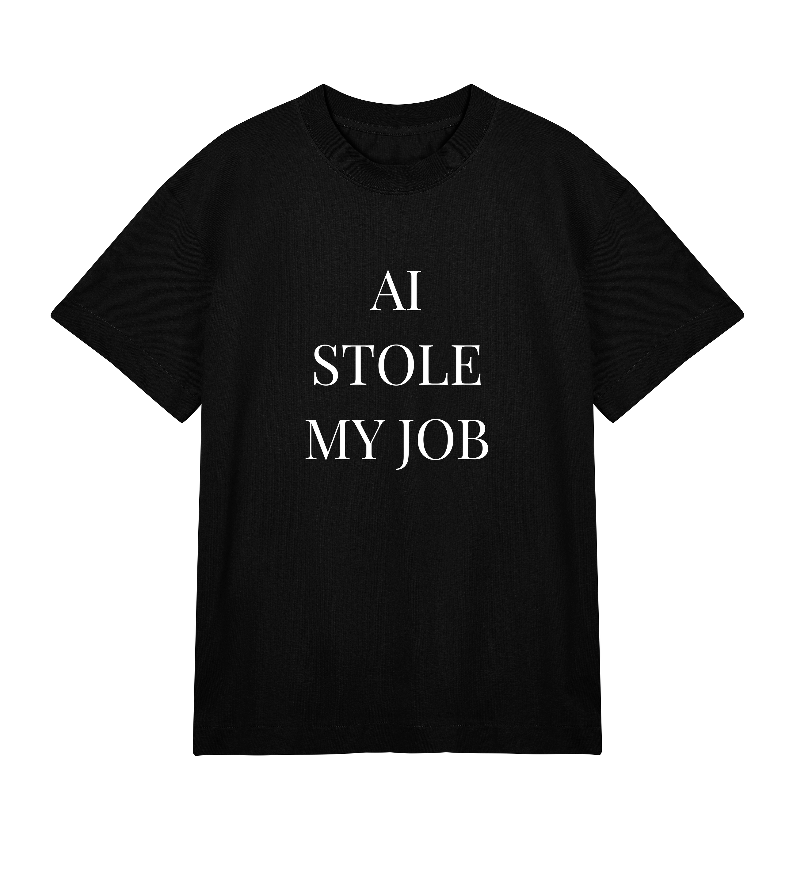 Black men’s oversized T-shirt with bold white text “AI Stole My Job” — 100% heavy organic cotton, chunky crewneck rib, boxy fit.