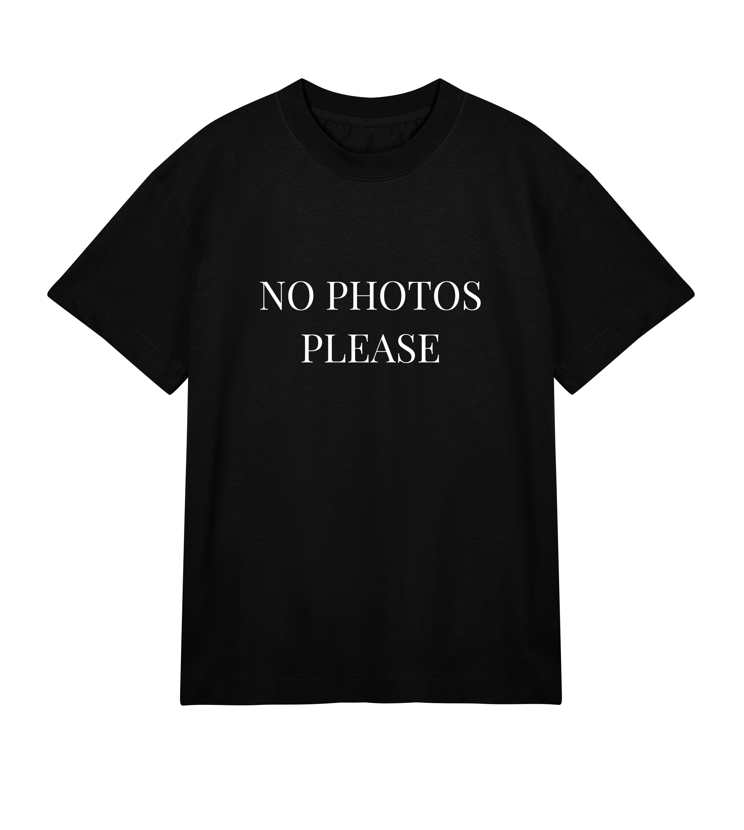 Black men’s oversized T-shirt with white “NO PHOTOS PLEASE” text, made from 100% heavy organic cotton, chunky ribbed collar, and boxy relaxed fit.