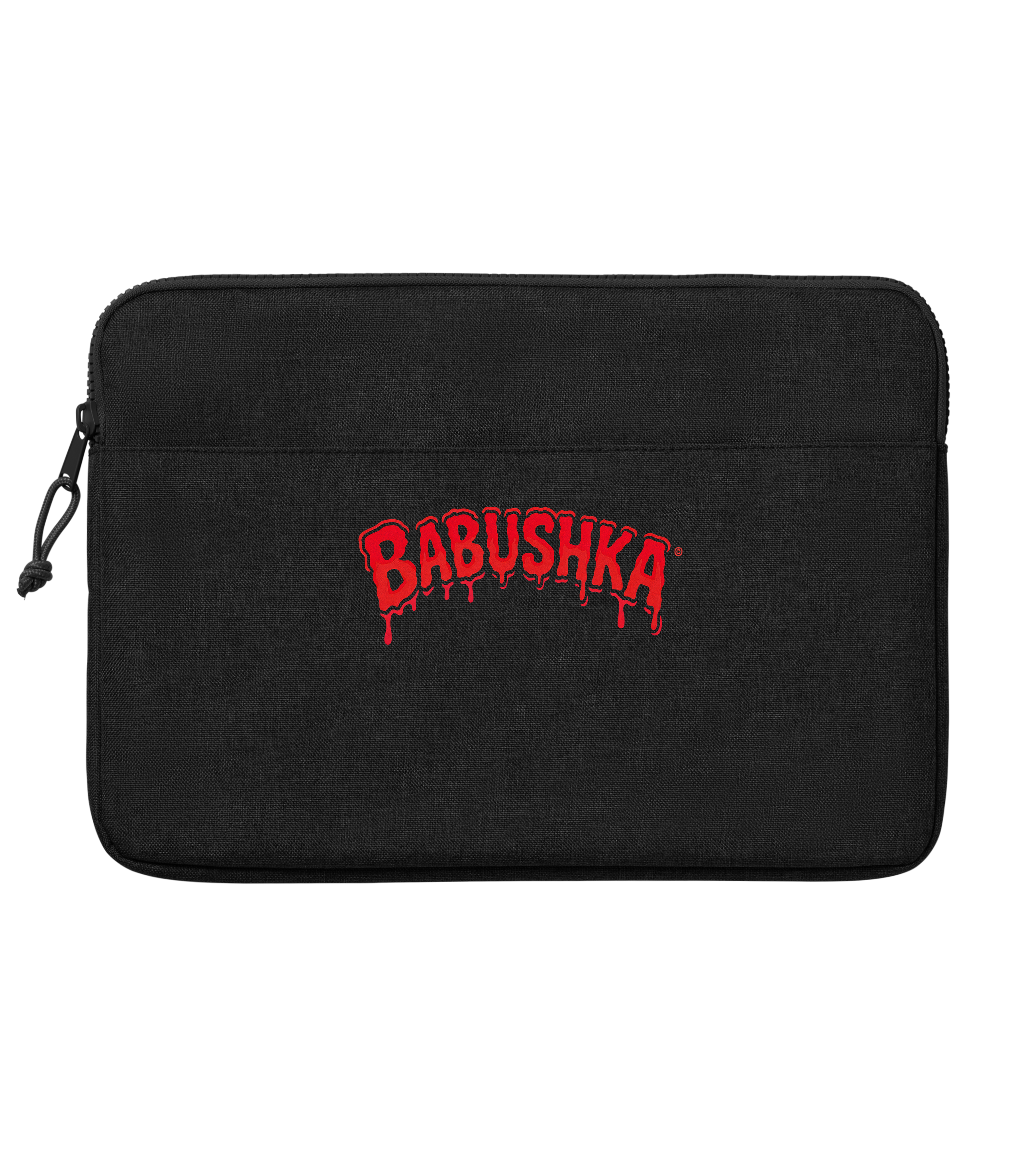 Black padded polyester laptop sleeve with red “BABUSHKA” logo print, zippered main compartment, front slip pocket, and soft-touch lining.