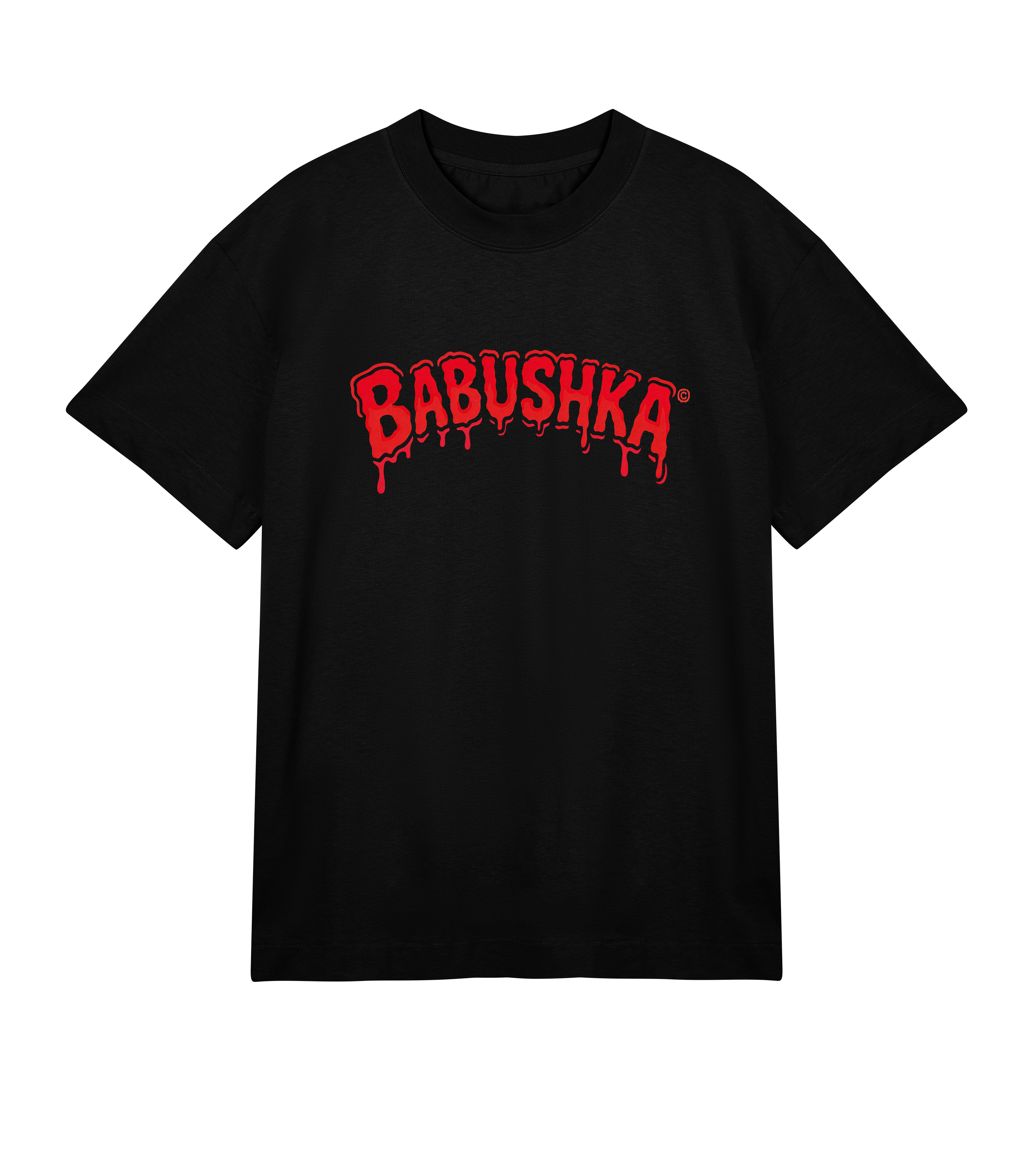 Black oversized organic cotton men’s T-shirt with bold red dripping “BABUSHKA®” logo, chunky ribbed collar, and boxy streetwear fit.