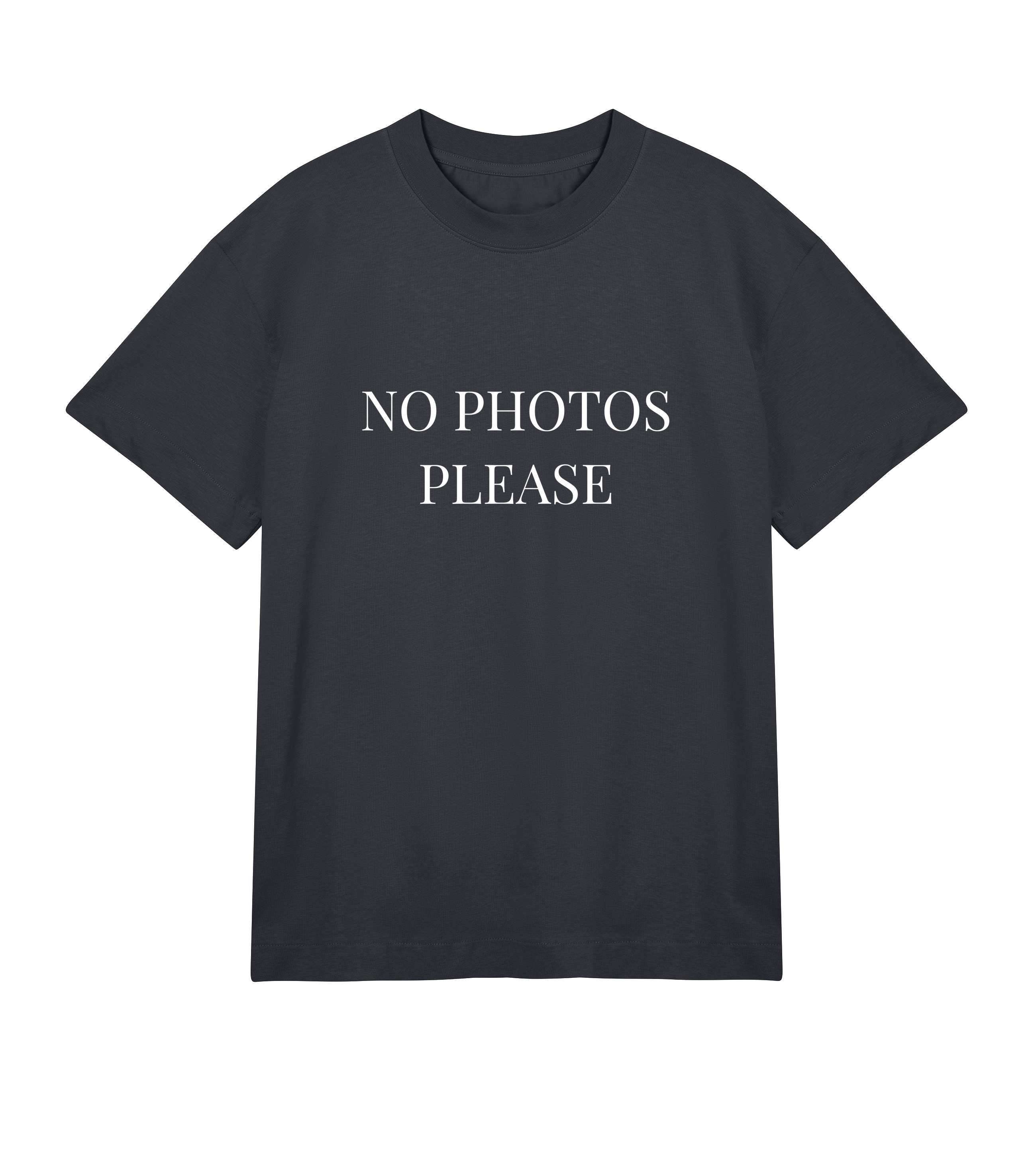 Washed out black men’s oversized T-shirt with white “NO PHOTOS PLEASE” text, made from 100% heavy organic cotton, chunky ribbed collar, and boxy relaxed fit.