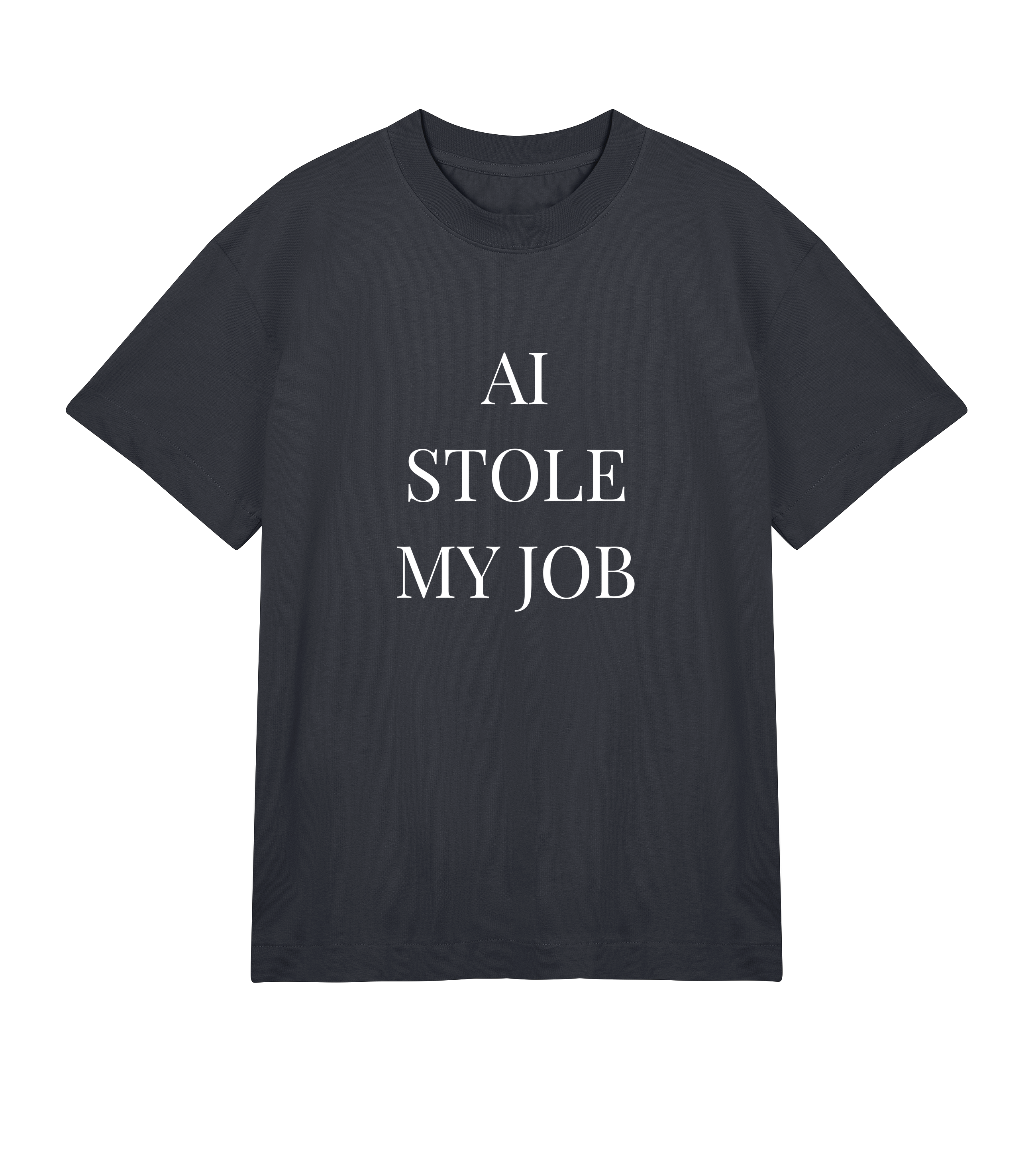 Washed black men’s organic cotton T-shirt with “AI Stole My Job” text in white, oversized boxy cut.