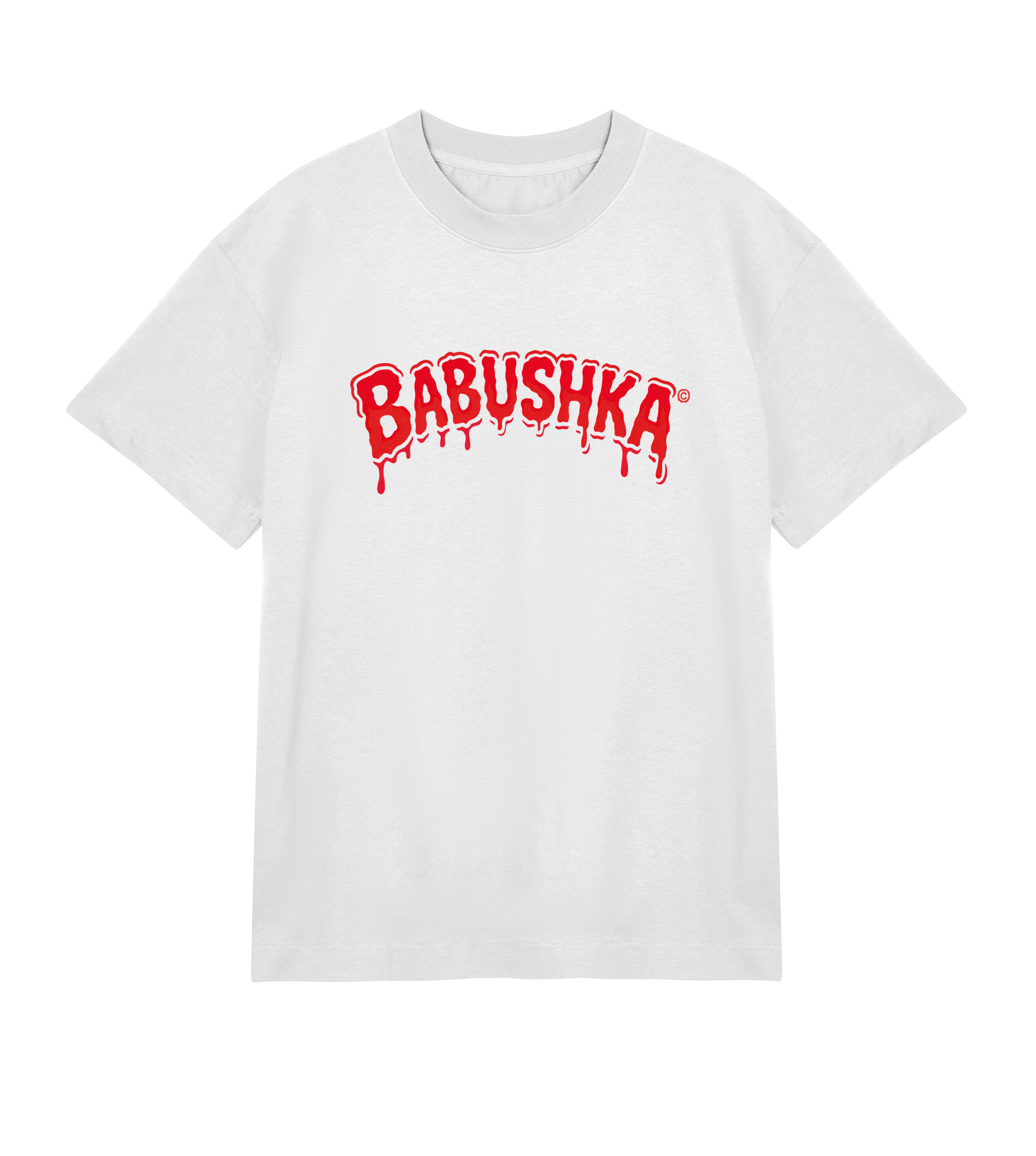 White oversized organic cotton men’s T-shirt with bold red dripping “BABUSHKA®” logo, chunky ribbed collar, and boxy streetwear fit.