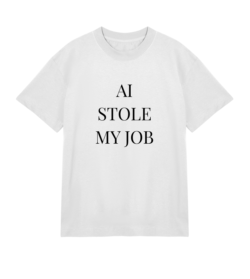 Washed white men’s T-shirt with black “AI Stole My Job” print, oversized streetwear fit in heavy organic cotton.