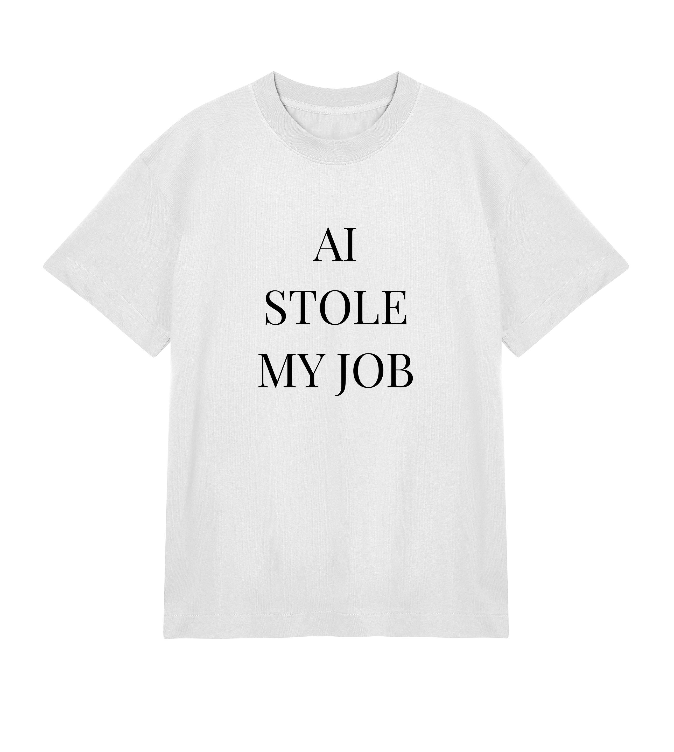 Washed white men’s T-shirt with black “AI Stole My Job” print, oversized streetwear fit in heavy organic cotton.