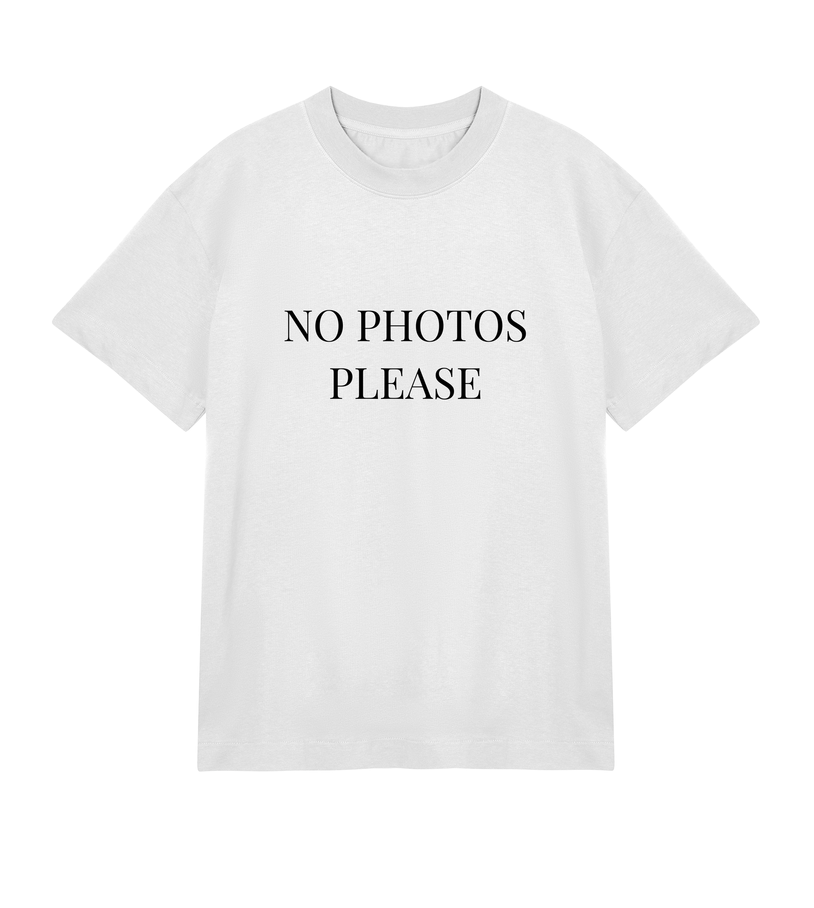White men’s oversized T-shirt with white “NO PHOTOS PLEASE” text, made from 100% heavy organic cotton, chunky ribbed collar, and boxy relaxed fit.