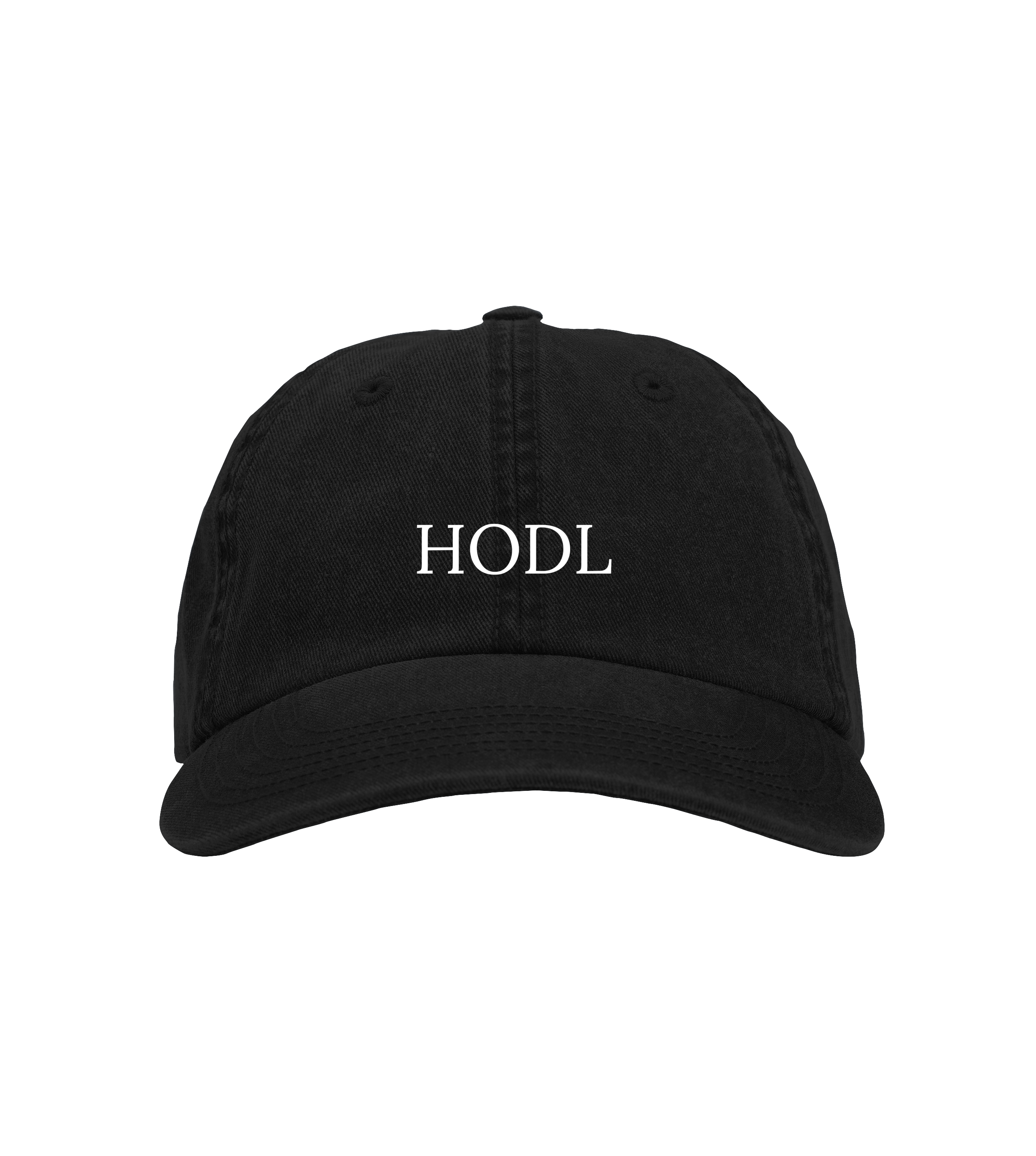 Black vintage twill brushed cotton dad hat with embroidered “HODL” logo, 6-panel unstructured crown, pre-curved peak, and adjustable strap with brass buckle.
