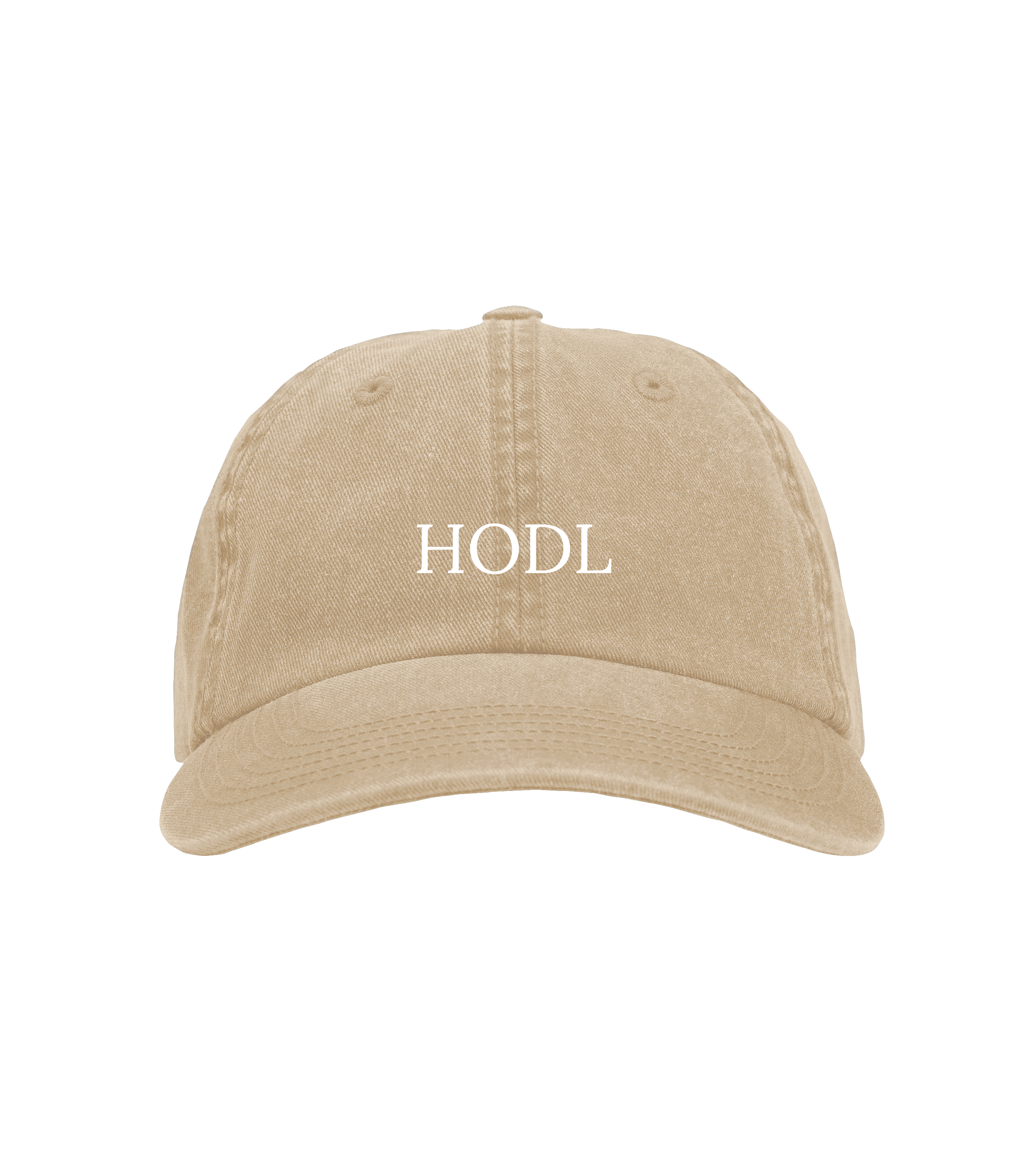 Beige vintage twill brushed cotton dad hat with embroidered “HODL” logo, 6-panel unstructured crown, pre-curved peak, and adjustable strap with brass buckle.